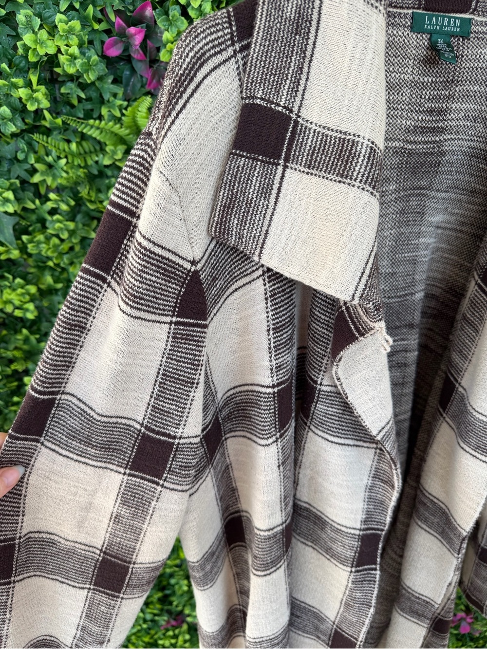Lauren Ralph Lauren 100% Cotton Plaid Open Front Cardigan Coat 3X Brown Cream - Picture 3 of 7